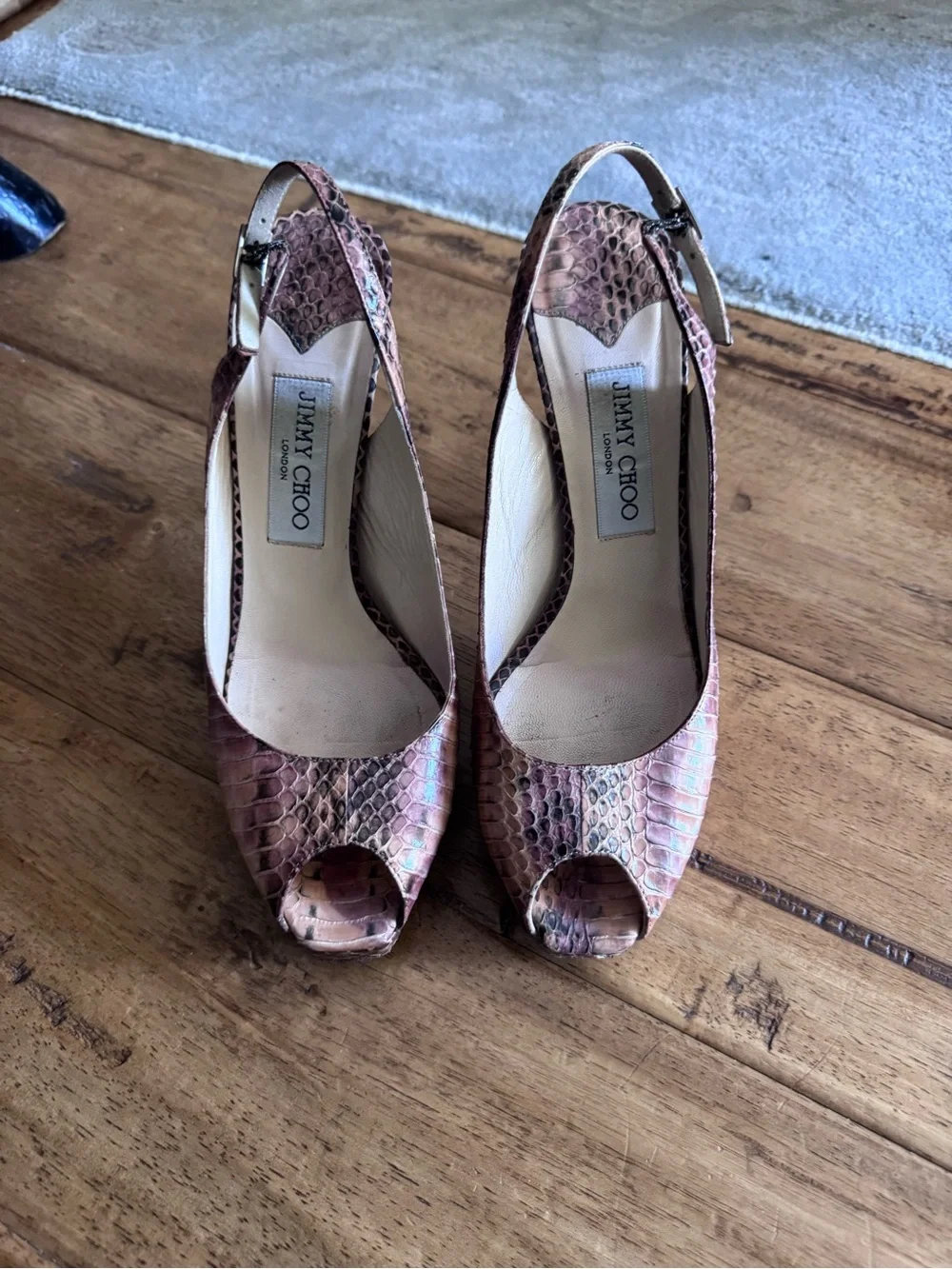 Jimmy Choo Brown Snakeskin Peep-Toe Slingback Heels - Picture 1 of 4